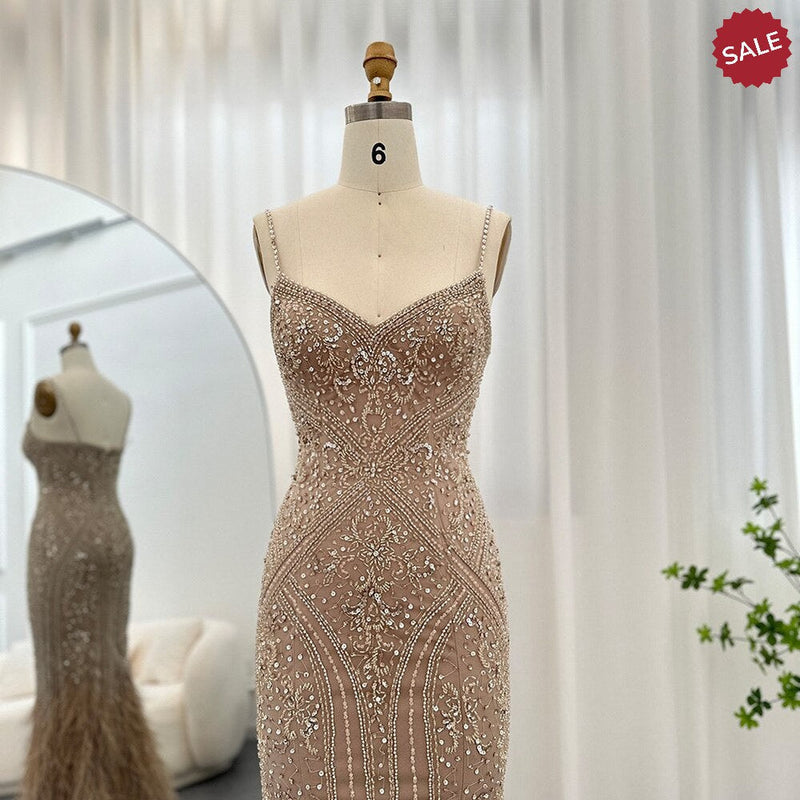 Luxury Feathers Champagne Evening Dresses for Women Wedding Spaghetti Straps Mermaid Long Party Prom Dresses SS171