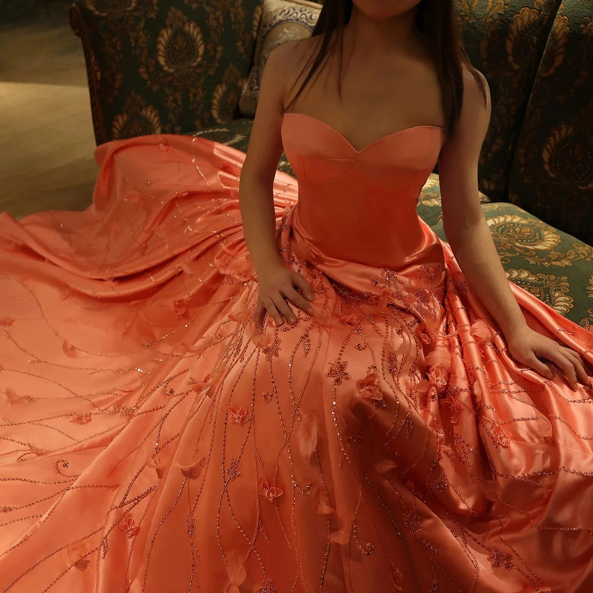 Luxury Feathers Dubai Coral Pink Evening Dresses 3D Flowers Sweeheart Long Women Wedding Formal Party Dress SS470