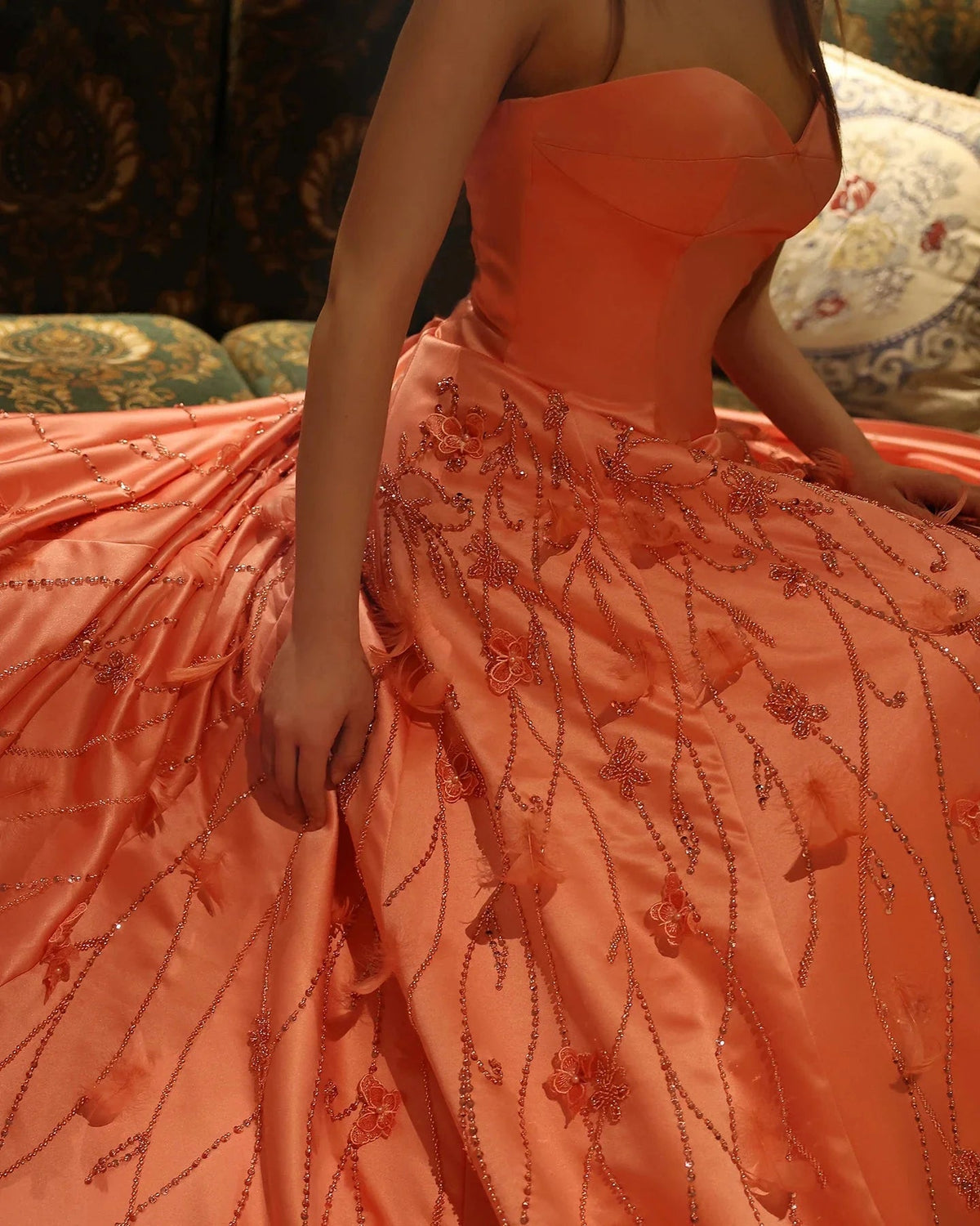 Luxury Feathers Dubai Coral Pink Evening Dresses 3D Flowers Sweeheart Long Women Wedding Formal Party Dress SS470