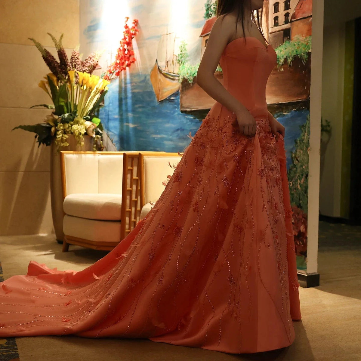 Luxury Feathers Dubai Coral Pink Evening Dresses 3D Flowers Sweeheart Long Women Wedding Formal Party Dress SS470