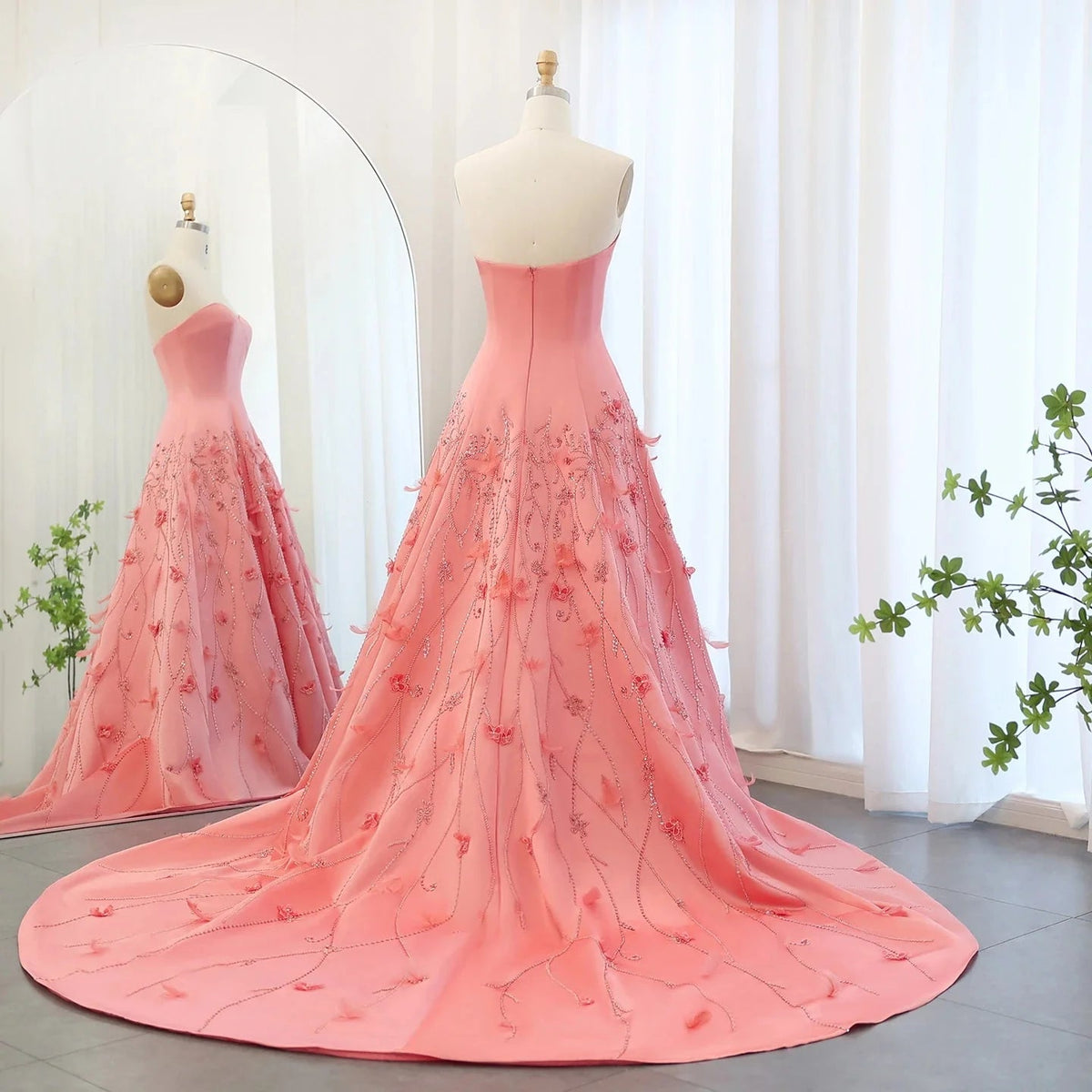 Luxury Feathers Dubai Coral Pink Evening Dresses 3D Flowers Sweeheart Long Women Wedding Formal Party Dress SS470
