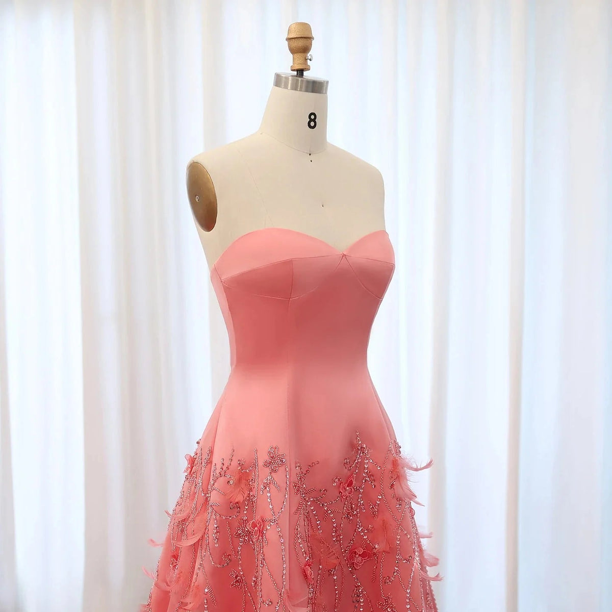 Luxury Feathers Dubai Coral Pink Evening Dresses 3D Flowers Sweeheart Long Women Wedding Formal Party Dress SS470