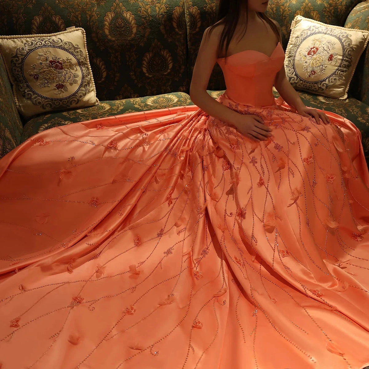 Luxury Feathers Dubai Coral Pink Evening Dresses 3D Flowers Sweeheart Long Women Wedding Formal Party Dress SS470