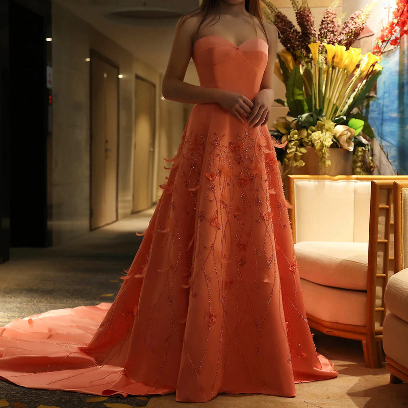 Luxury Feathers Dubai Coral Pink Evening Dresses 3D Flowers Sweeheart Long Women Wedding Formal Party Dress SS470