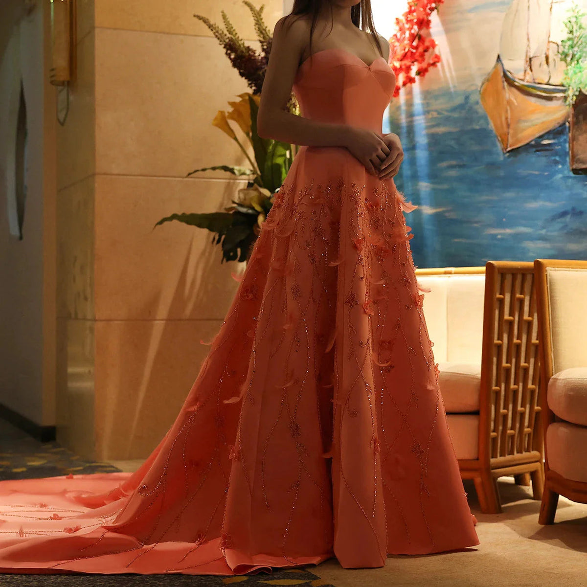 Luxury Feathers Dubai Coral Pink Evening Dresses 3D Flowers Sweeheart Long Women Wedding Formal Party Dress SS470
