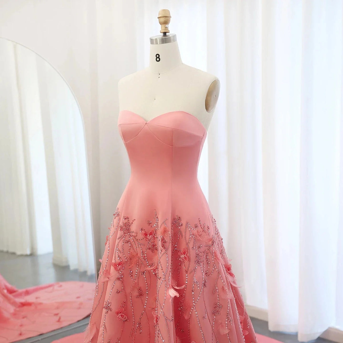 Luxury Feathers Dubai Coral Pink Evening Dresses 3D Flowers Sweeheart Long Women Wedding Formal Party Dress SS470