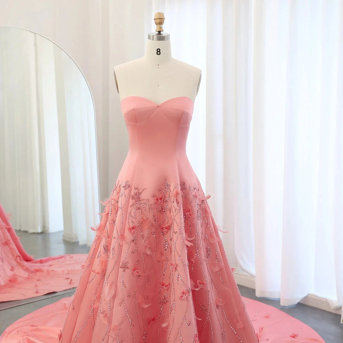 Luxury Feathers Dubai Coral Pink Evening Dresses 3D Flowers Sweeheart Long Women Wedding Formal Party Dress SS470