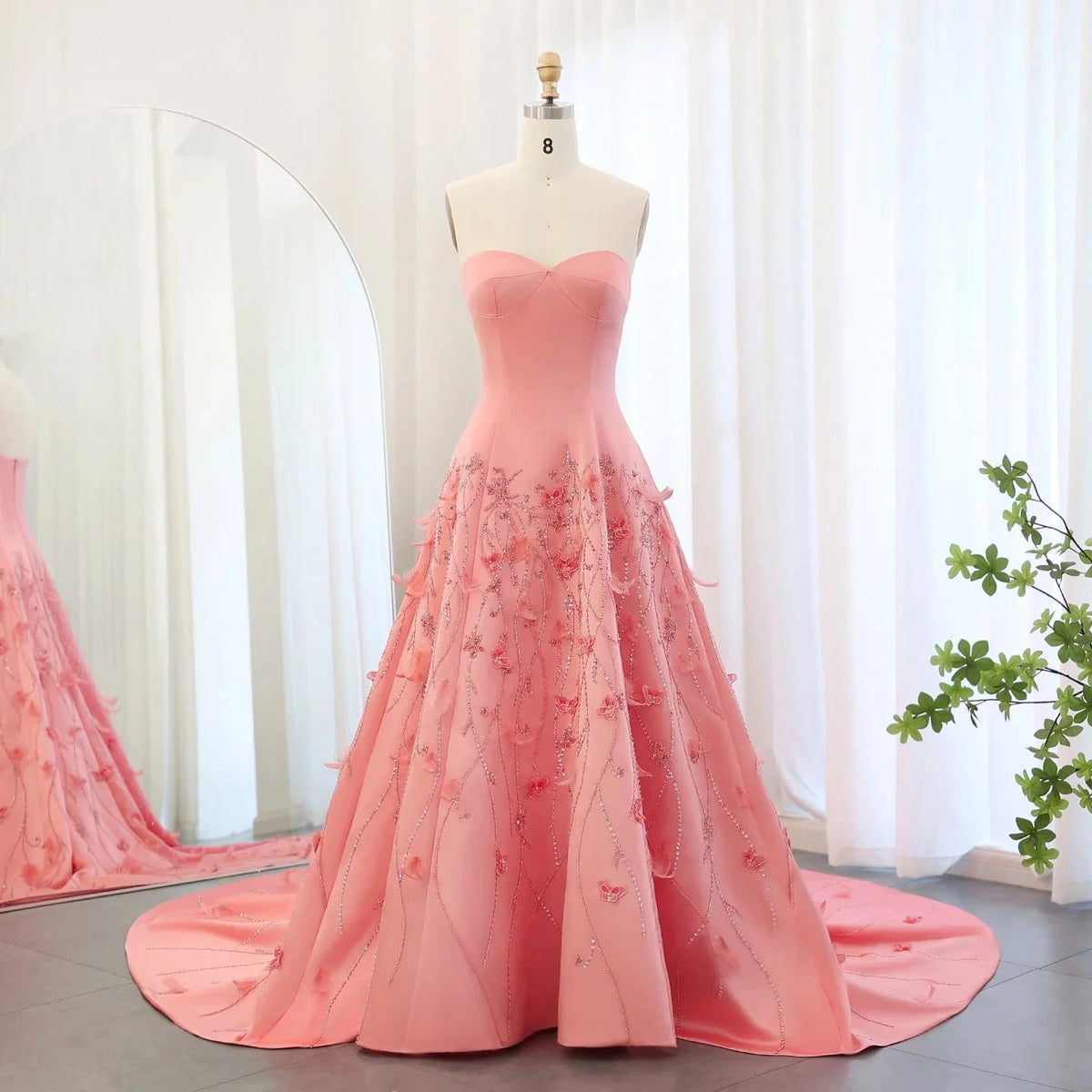 Luxury Feathers Dubai Coral Pink Evening Dresses 3D Flowers Sweeheart Long Women Wedding Formal Party Dress SS470