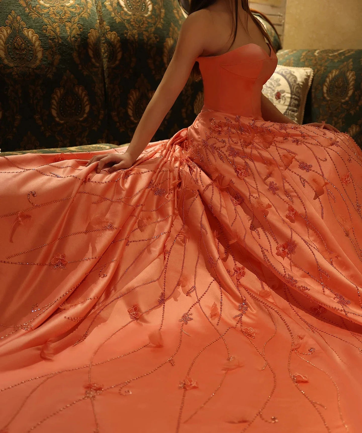 Luxury Feathers Dubai Coral Pink Evening Dresses 3D Flowers Sweeheart Long Women Wedding Formal Party Dress SS470