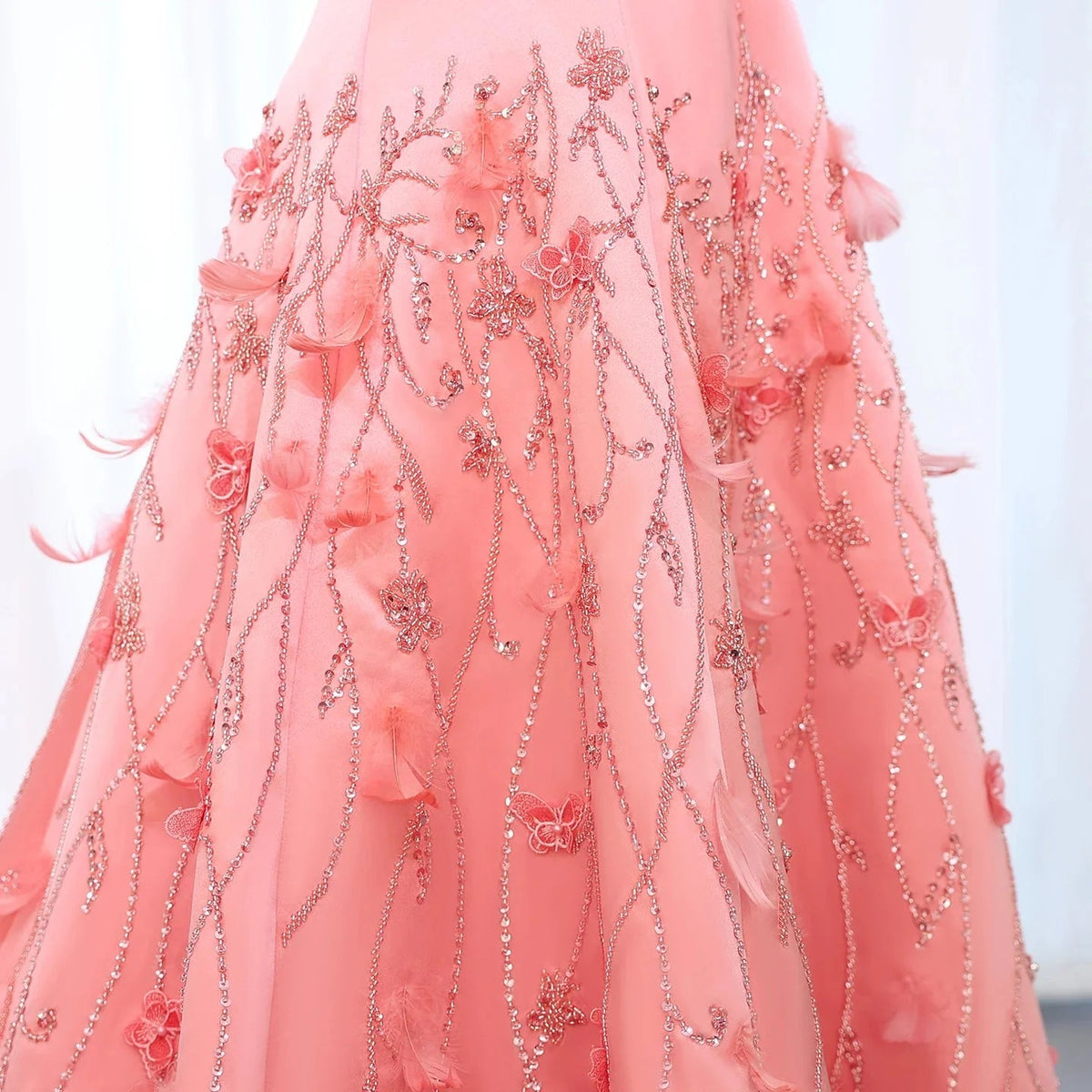 Luxury Feathers Dubai Coral Pink Evening Dresses 3D Flowers Sweeheart Long Women Wedding Formal Party Dress SS470
