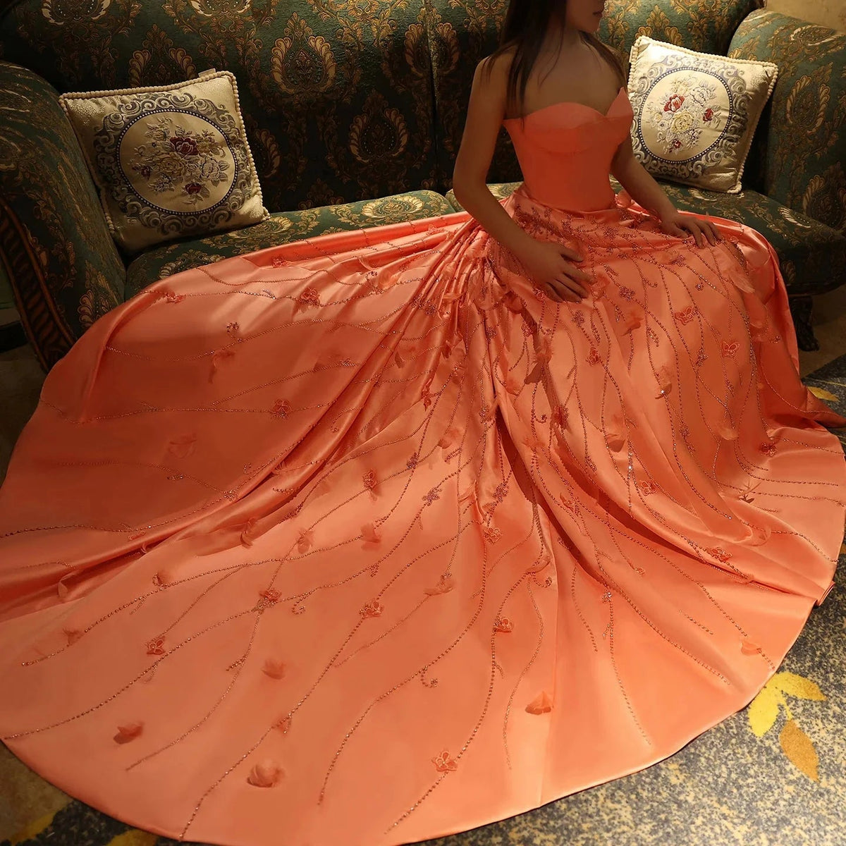 Luxury Feathers Dubai Coral Pink Evening Dresses 3D Flowers Sweeheart Long Women Wedding Formal Party Dress SS470