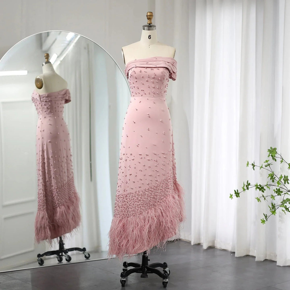 Luxury Feathers Dubai Pink Mermaid Evening Dress for Women Wedding Sage Green One Shoulder Arabic Party Gowns SS388