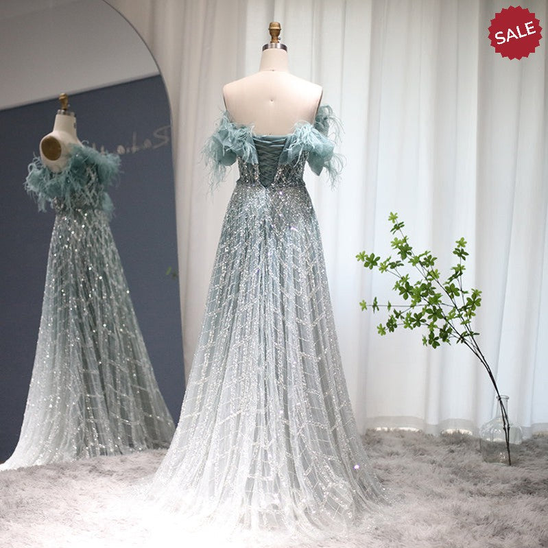 Luxury Feathers Green Dubai Evening Dresses 2023 Elegant Off Shoulder Long Formal Dress for Women Wedding Party SS303