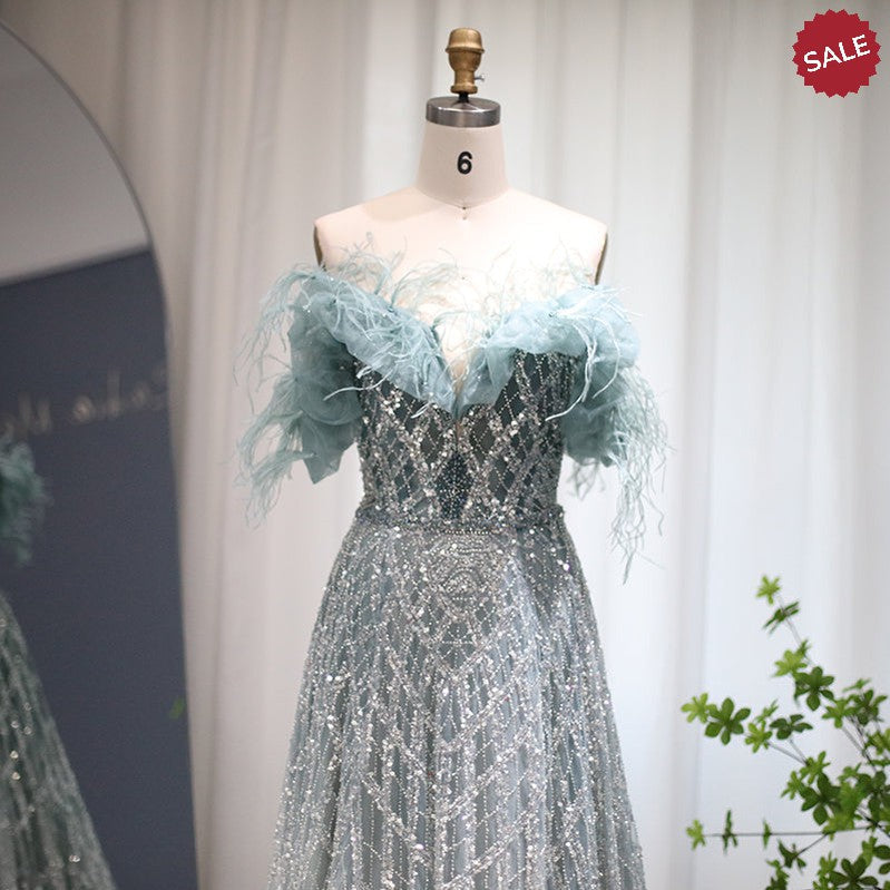 Luxury Feathers Green Dubai Evening Dresses 2023 Elegant Off Shoulder Long Formal Dress for Women Wedding Party SS303