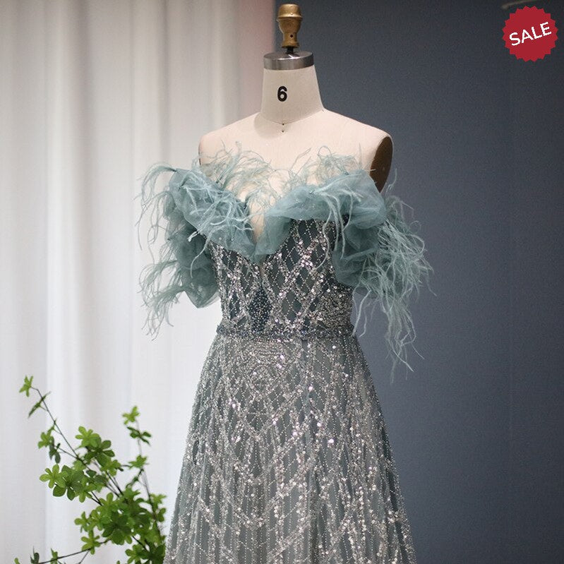 Luxury Feathers Green Dubai Evening Dresses 2023 Elegant Off Shoulder Long Formal Dress for Women Wedding Party SS303