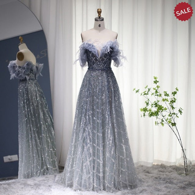 Luxury Feathers Green Dubai Evening Dresses 2023 Elegant Off Shoulder Long Formal Dress for Women Wedding Party SS303