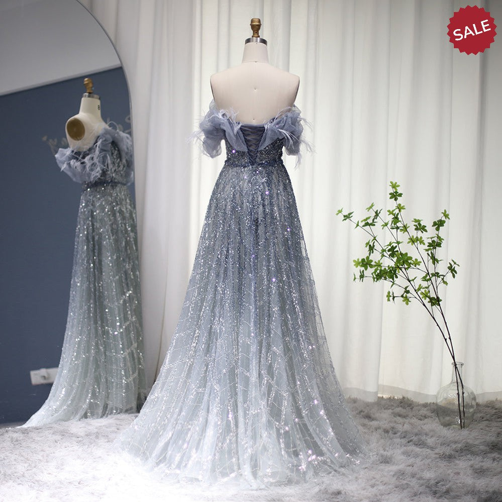Luxury Feathers Green Dubai Evening Dresses 2023 Elegant Off Shoulder Long Formal Dress for Women Wedding Party SS303