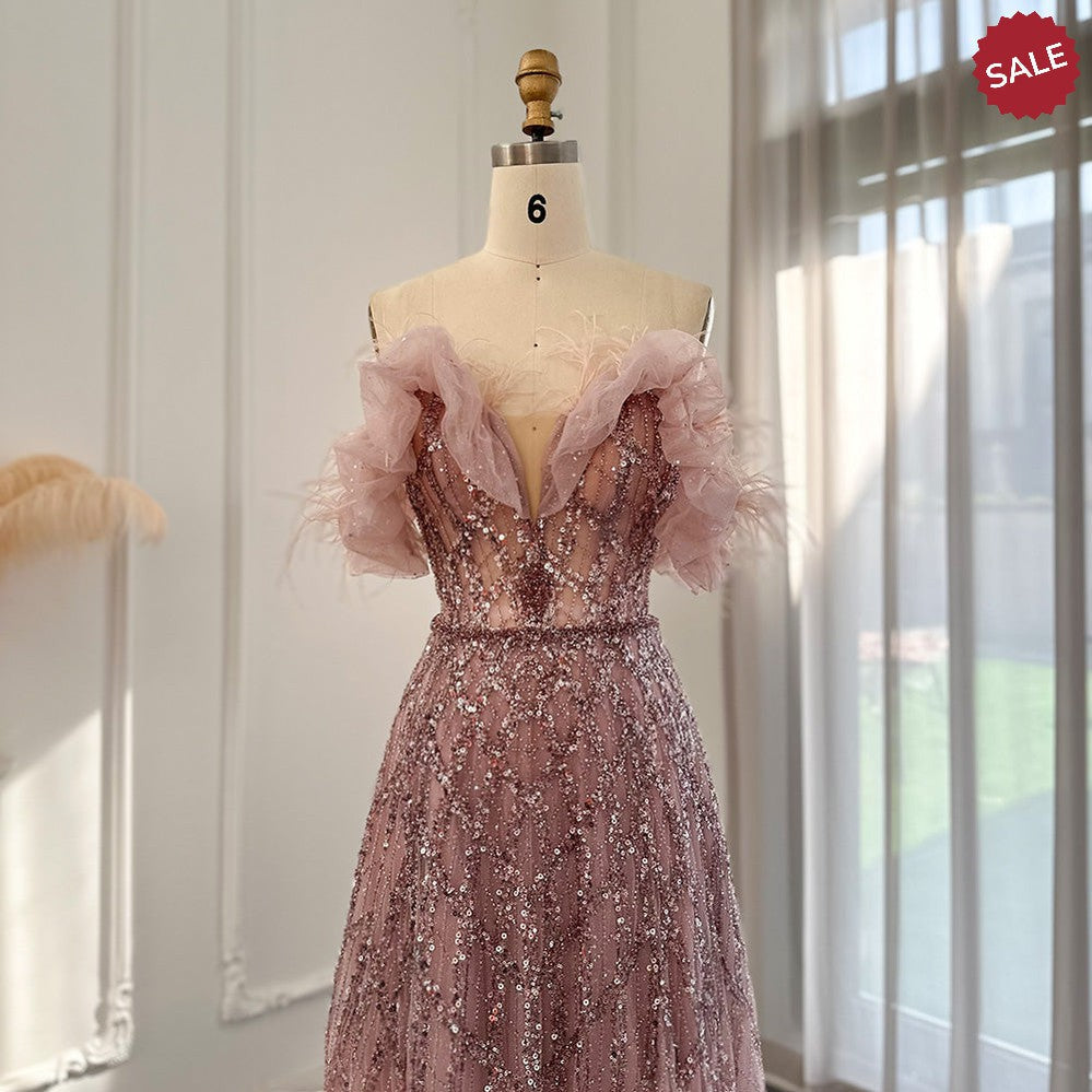 Luxury Feathers Green Dubai Evening Dresses 2023 Elegant Off Shoulder Long Formal Dress for Women Wedding Party SS303