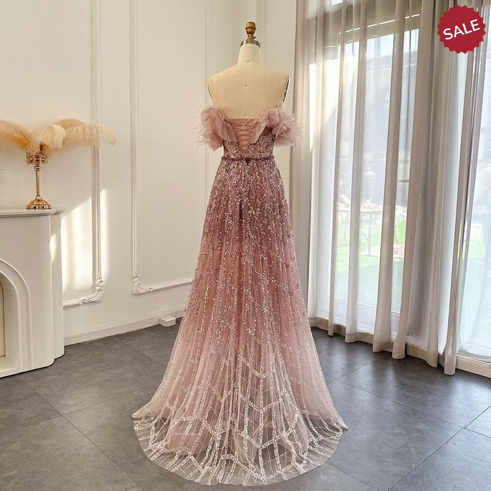 Luxury Feathers Green Dubai Evening Dresses 2023 Elegant Off Shoulder Long Formal Dress for Women Wedding Party SS303