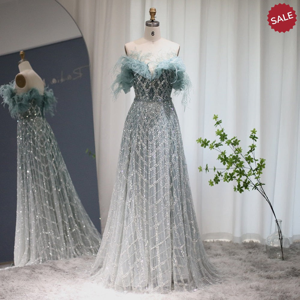 Luxury Feathers Green Dubai Evening Dresses 2023 Elegant Off Shoulder Long Formal Dress for Women Wedding Party SS303