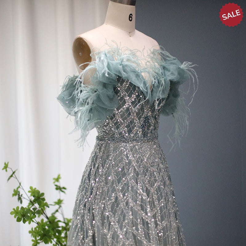 Luxury Feathers Green Dubai Evening Dresses 2023 Elegant Off Shoulder Long Formal Dress for Women Wedding Party SS303