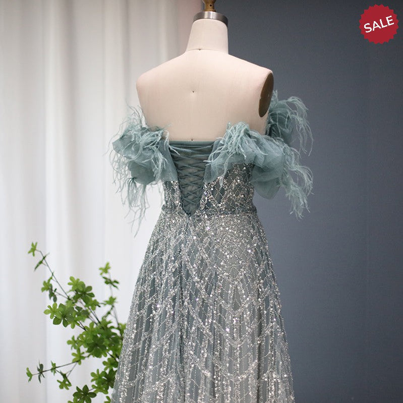 Luxury Feathers Green Dubai Evening Dresses 2023 Elegant Off Shoulder Long Formal Dress for Women Wedding Party SS303