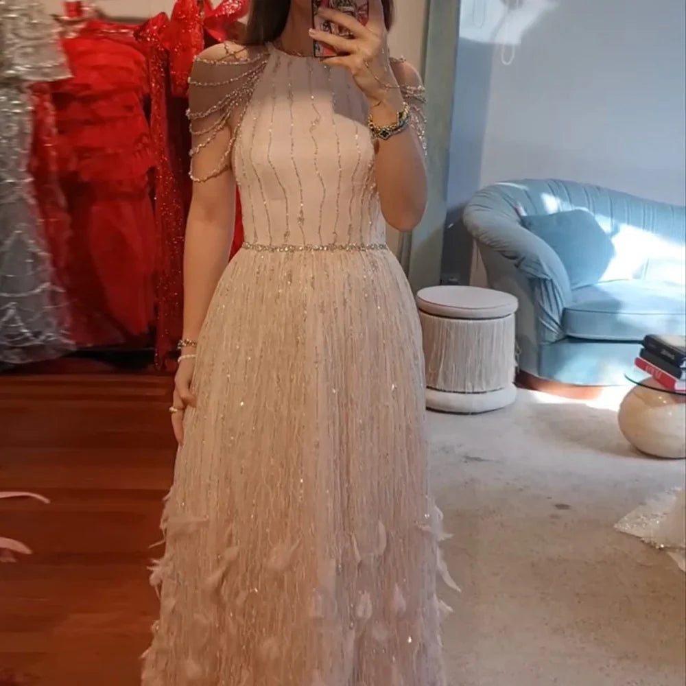 Luxury Feathers Lace Cream Evening Dress SS595