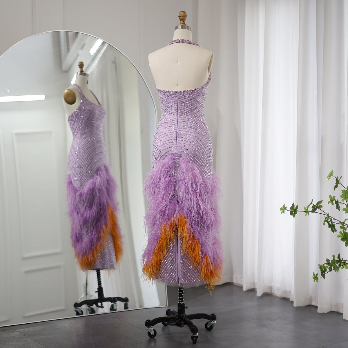 Luxury Feathers Lilac Evening Dresses Elegant Halter Mermaid Women Wedding Party Prom Gowns SS473