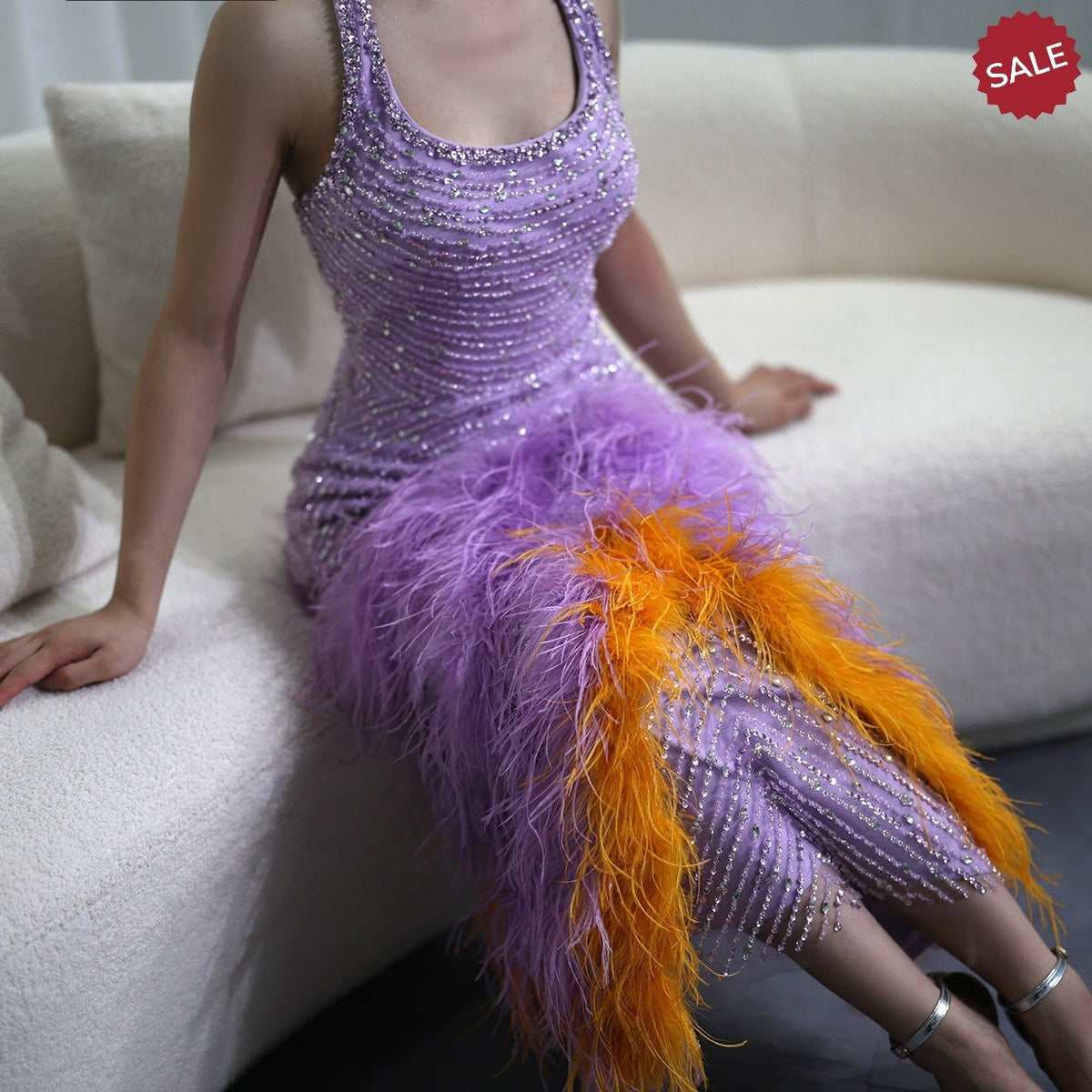 Luxury Feathers Lilac Evening Dresses Elegant Halter Mermaid Women Wedding Party Prom Gowns SS473