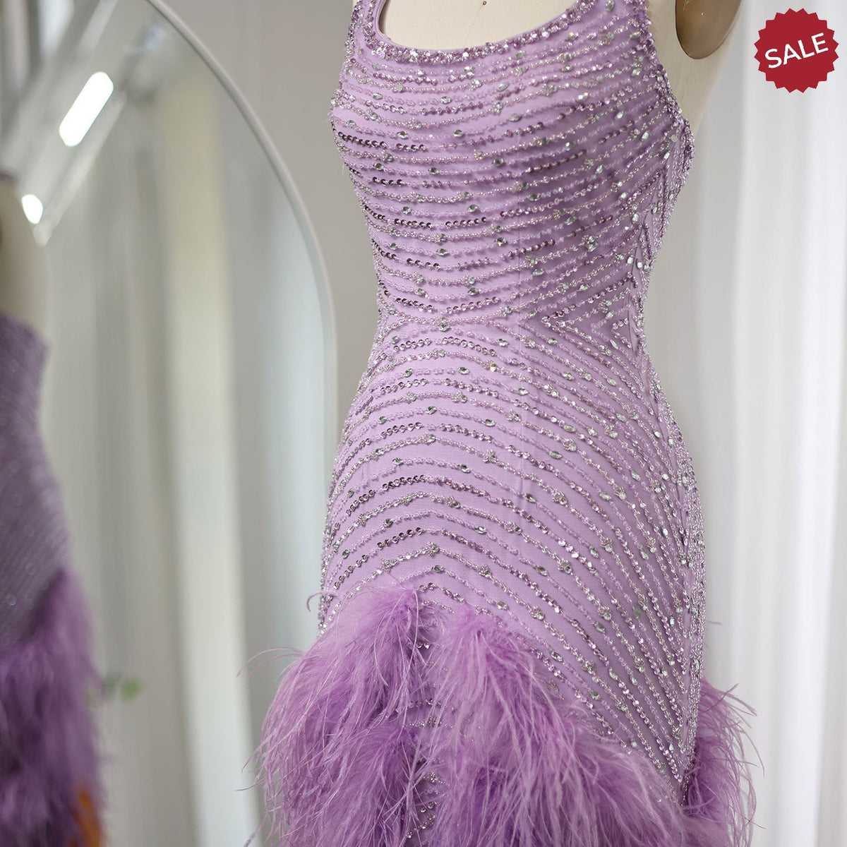 Luxury Feathers Lilac Evening Dresses Elegant Halter Mermaid Women Wedding Party Prom Gowns SS473