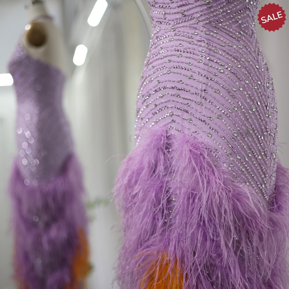 Luxury Feathers Lilac Evening Dresses Elegant Halter Mermaid Women Wedding Party Prom Gowns SS473