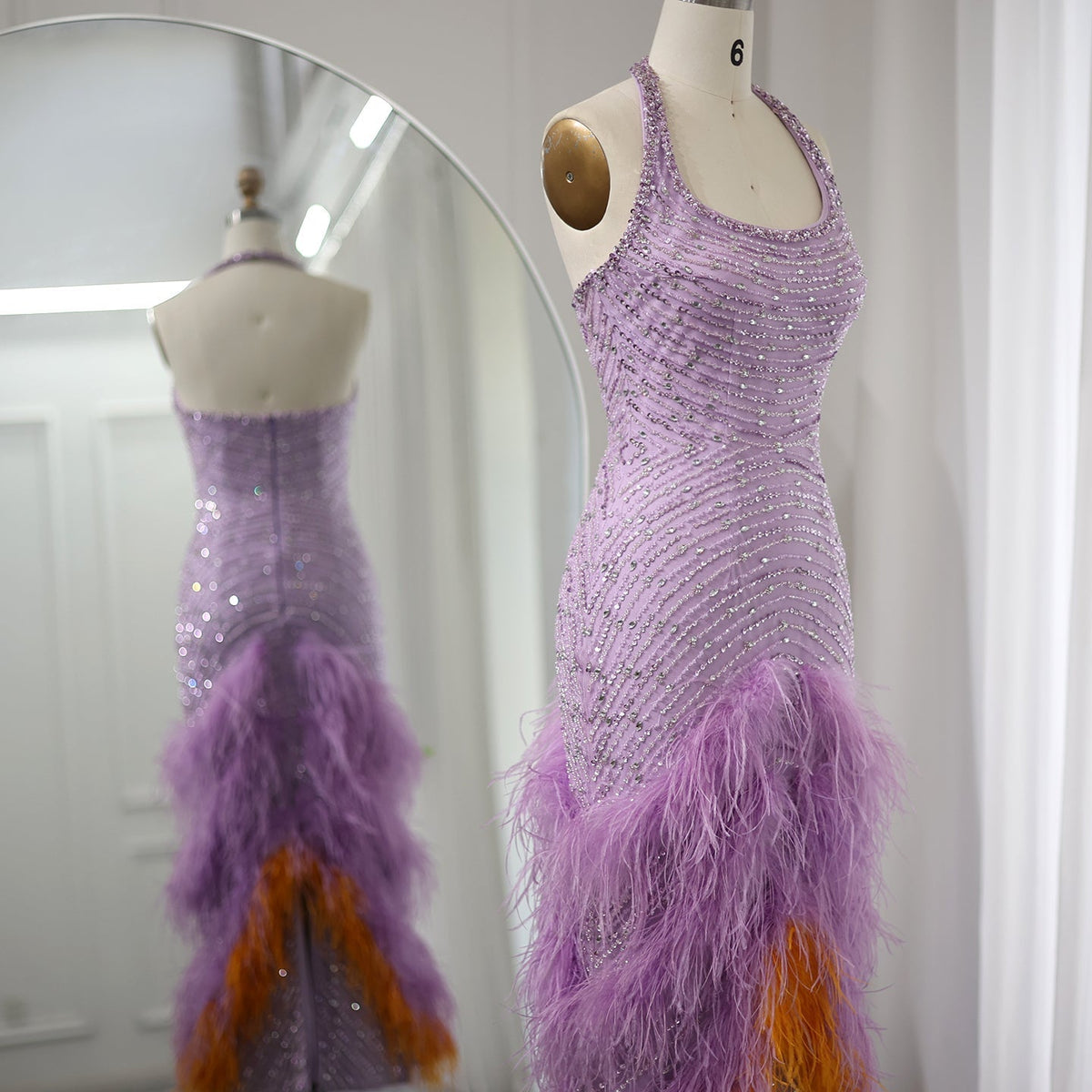Luxury Feathers Lilac Evening Dresses Elegant Halter Mermaid Women Wedding Party Prom Gowns SS473