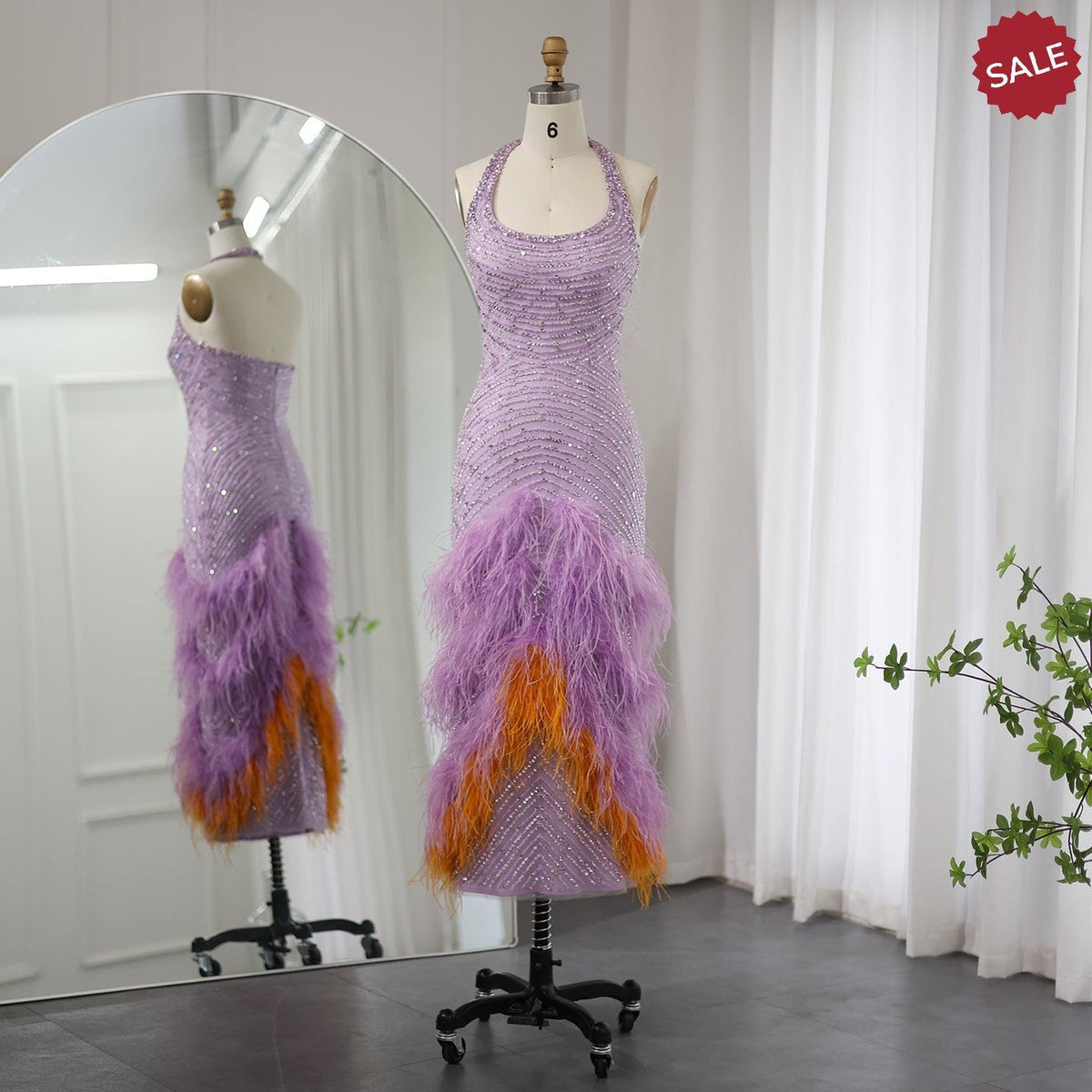 Luxury Feathers Lilac Evening Dresses Elegant Halter Mermaid Women Wedding Party Prom Gowns SS473