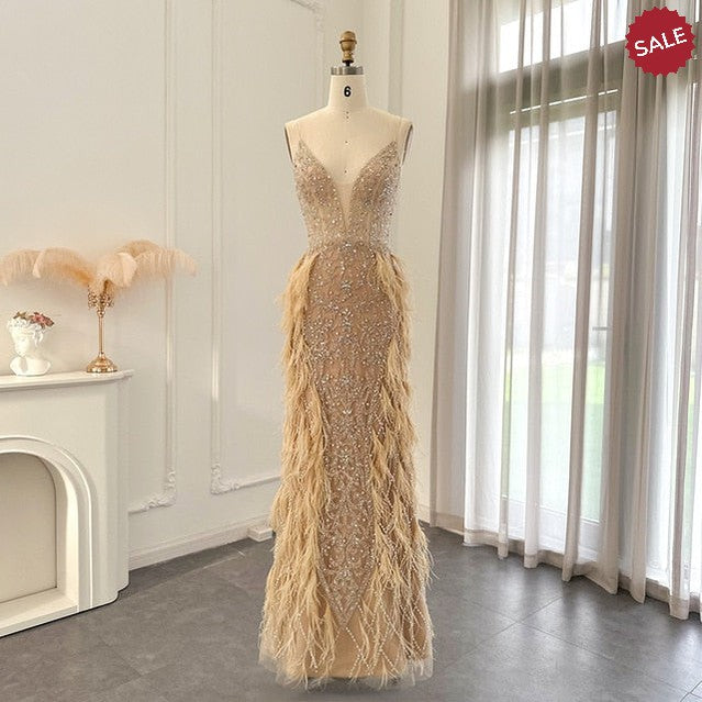 Luxury Feathers Mermaid Champagne Evening Dresses for Women Wedding Spaghetti Straps Prom Formal Gowns SS374