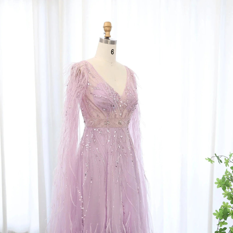 Luxury Feathers Nude A-line Evening Dresses with Cape Sleeves V-Neck Lilac Arabic Women Wedding Party Dress SS186