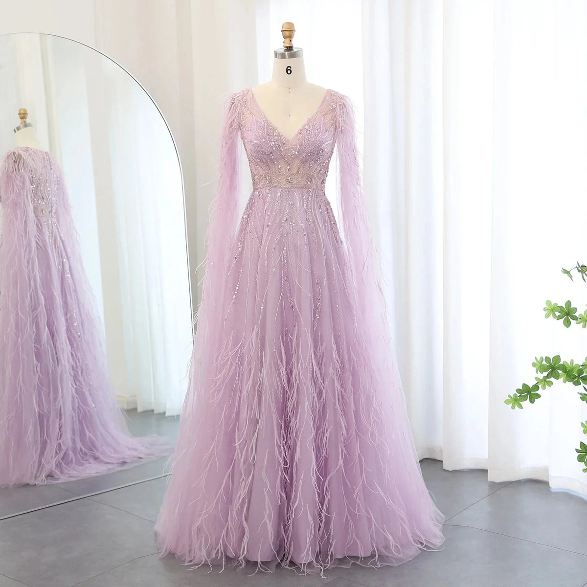 Luxury Feathers Nude A-line Evening Dresses with Cape Sleeves V-Neck Lilac Arabic Women Wedding Party Dress SS186