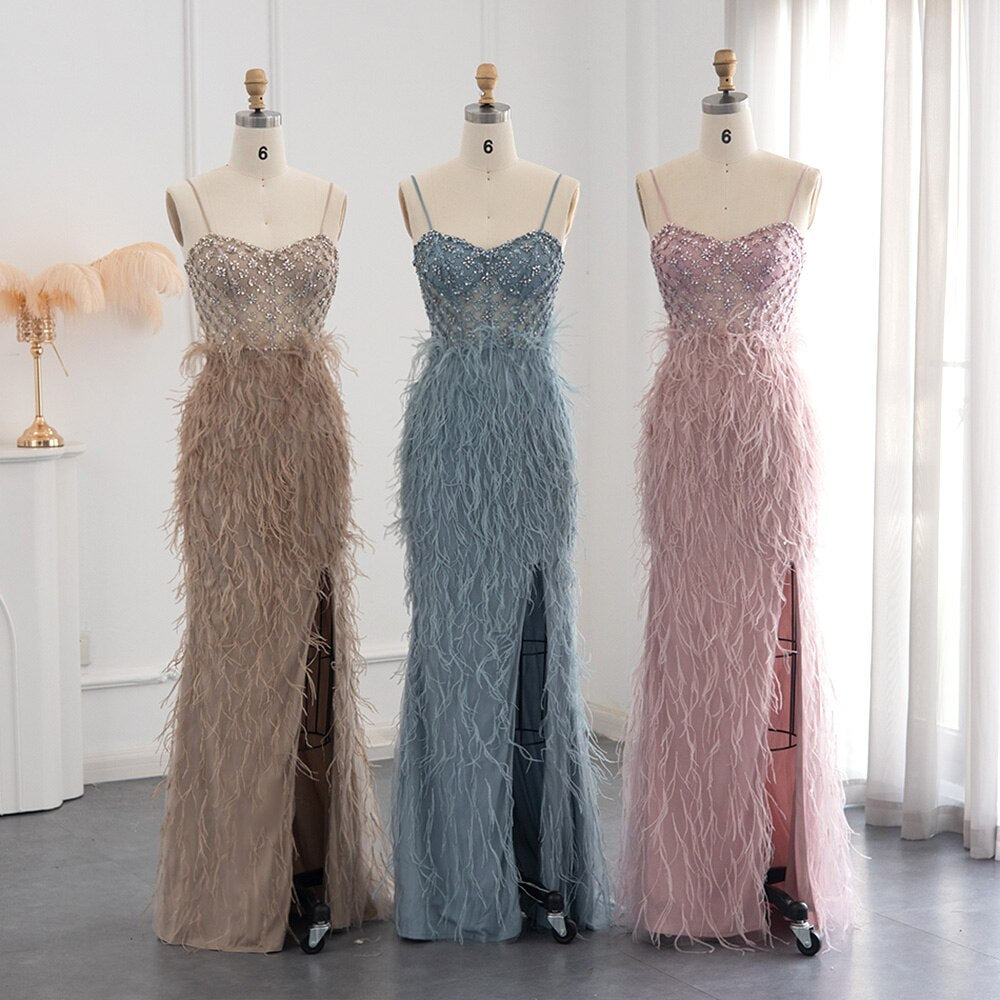 Luxury Feathers Pink Mermaid Evening Dress 2023 Spaghetti Straps Side Slit Long Prom Dresses for Women Wedding SS125