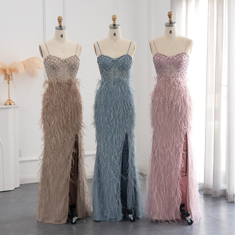 Luxury Feathers Pink Mermaid Evening Dress 2023 Spaghetti Straps Side Slit Long Prom Dresses for Women Wedding SS125