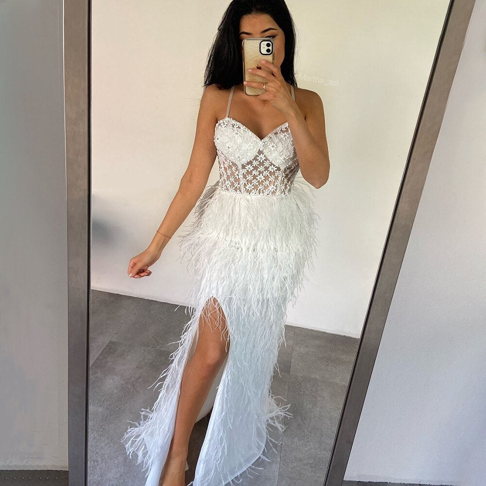 Luxury Feathers Pink Mermaid Evening Dress 2023 Spaghetti Straps Side Slit Long Prom Dresses for Women Wedding SS125