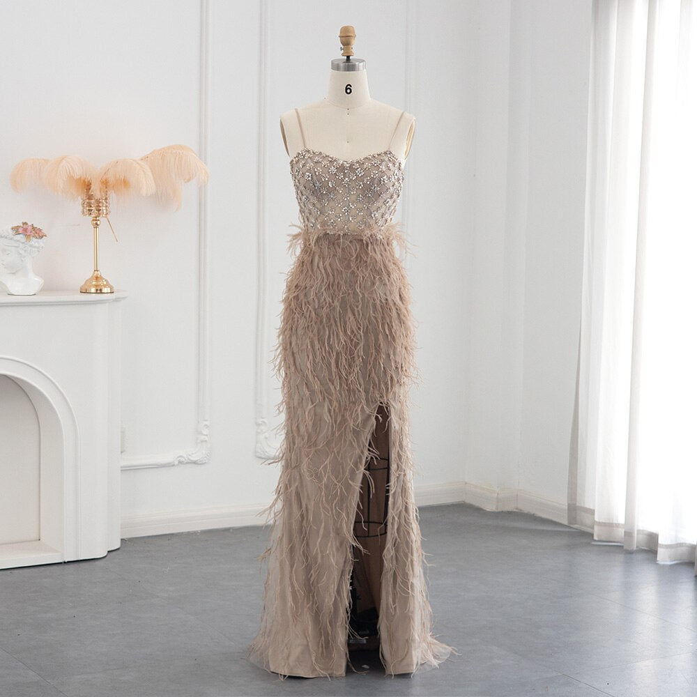 Luxury Feathers Pink Mermaid Evening Dress 2023 Spaghetti Straps Side Slit Long Prom Dresses for Women Wedding SS125