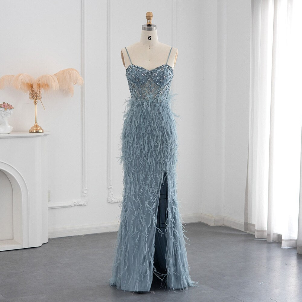 Luxury Feathers Pink Mermaid Evening Dress 2023 Spaghetti Straps Side Slit Long Prom Dresses for Women Wedding SS125