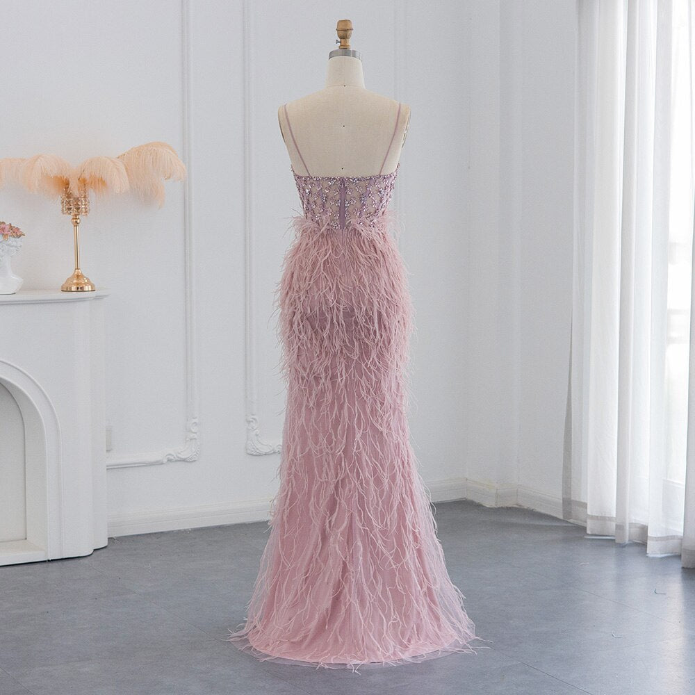 Luxury Feathers Pink Mermaid Evening Dress 2023 Spaghetti Straps Side Slit Long Prom Dresses for Women Wedding SS125