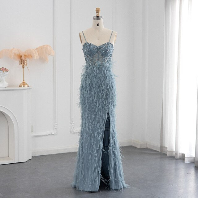 Luxury Feathers Pink Mermaid Evening Dress 2023 Spaghetti Straps Side Slit Long Prom Dresses for Women Wedding SS125