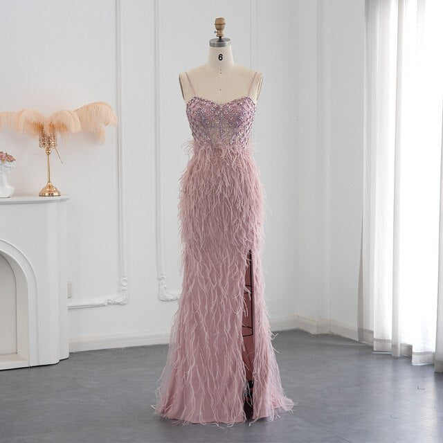 Luxury Feathers Pink Mermaid Evening Dress 2023 Spaghetti Straps Side Slit Long Prom Dresses for Women Wedding SS125