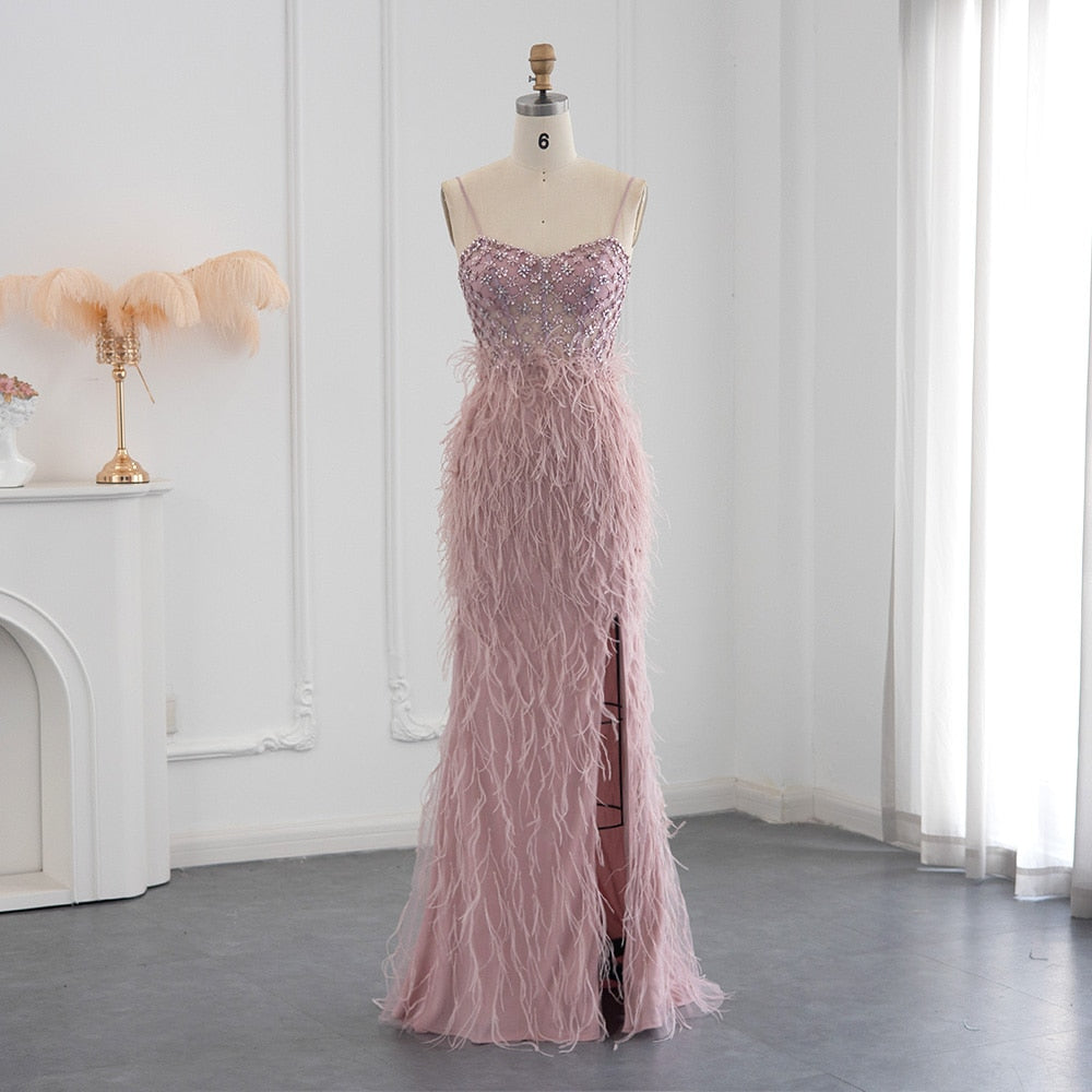 Luxury Feathers Pink Mermaid Evening Dress 2023 Spaghetti Straps Side Slit Long Prom Dresses for Women Wedding SS125