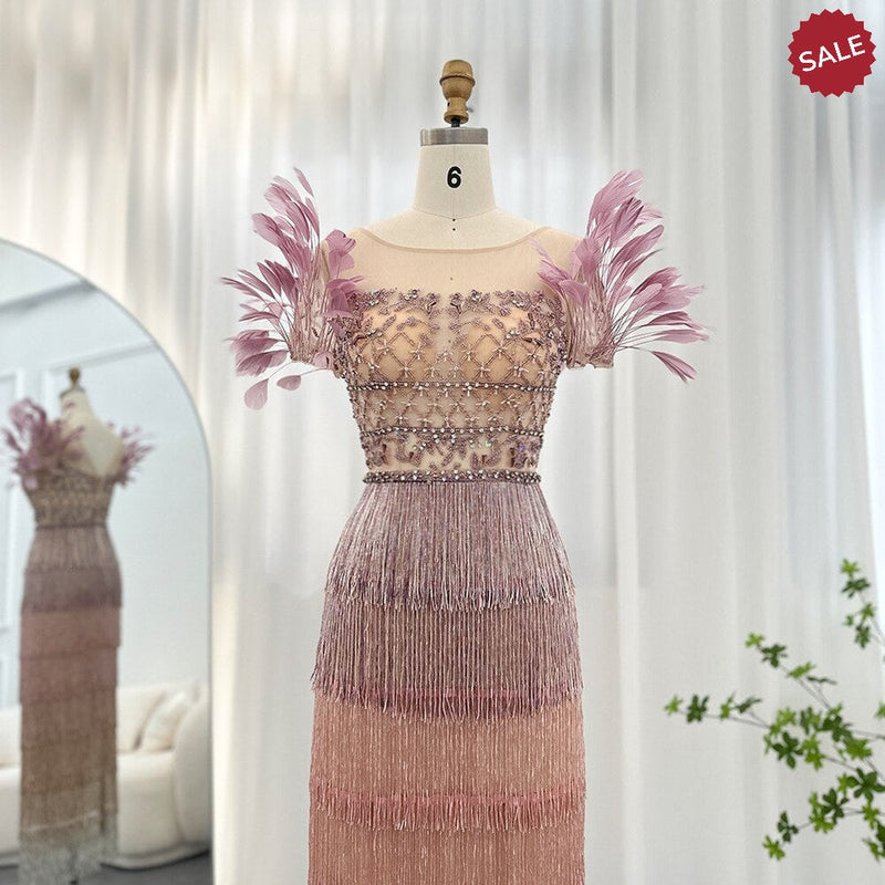 Luxury Feathers Tassel Lilac Dubai Evening Dresses for Women Wedding Party Arab Ankle Length Midi Formal Gowns SS379