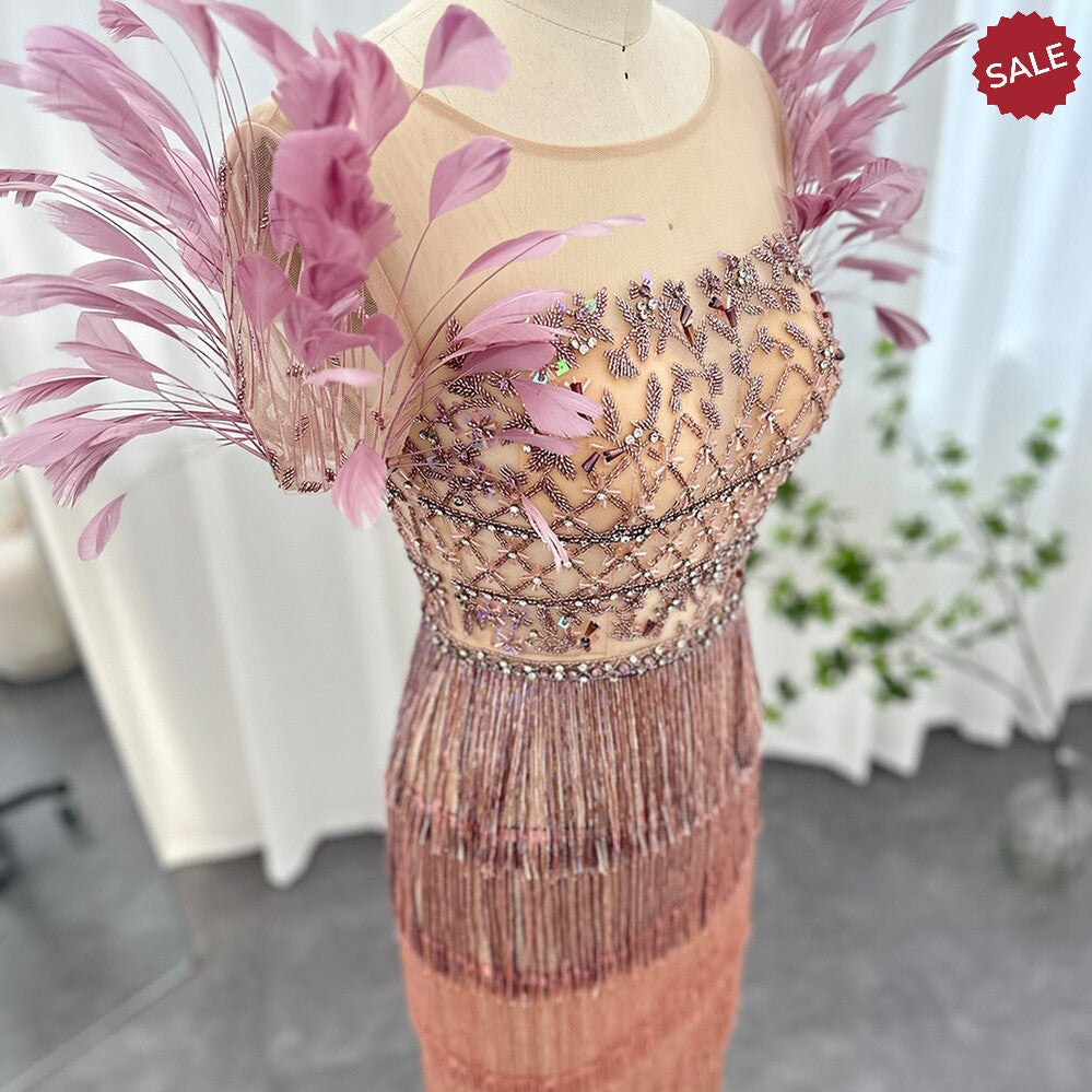 Luxury Feathers Tassel Lilac Dubai Evening Dresses for Women Wedding Party Arab Ankle Length Midi Formal Gowns SS379