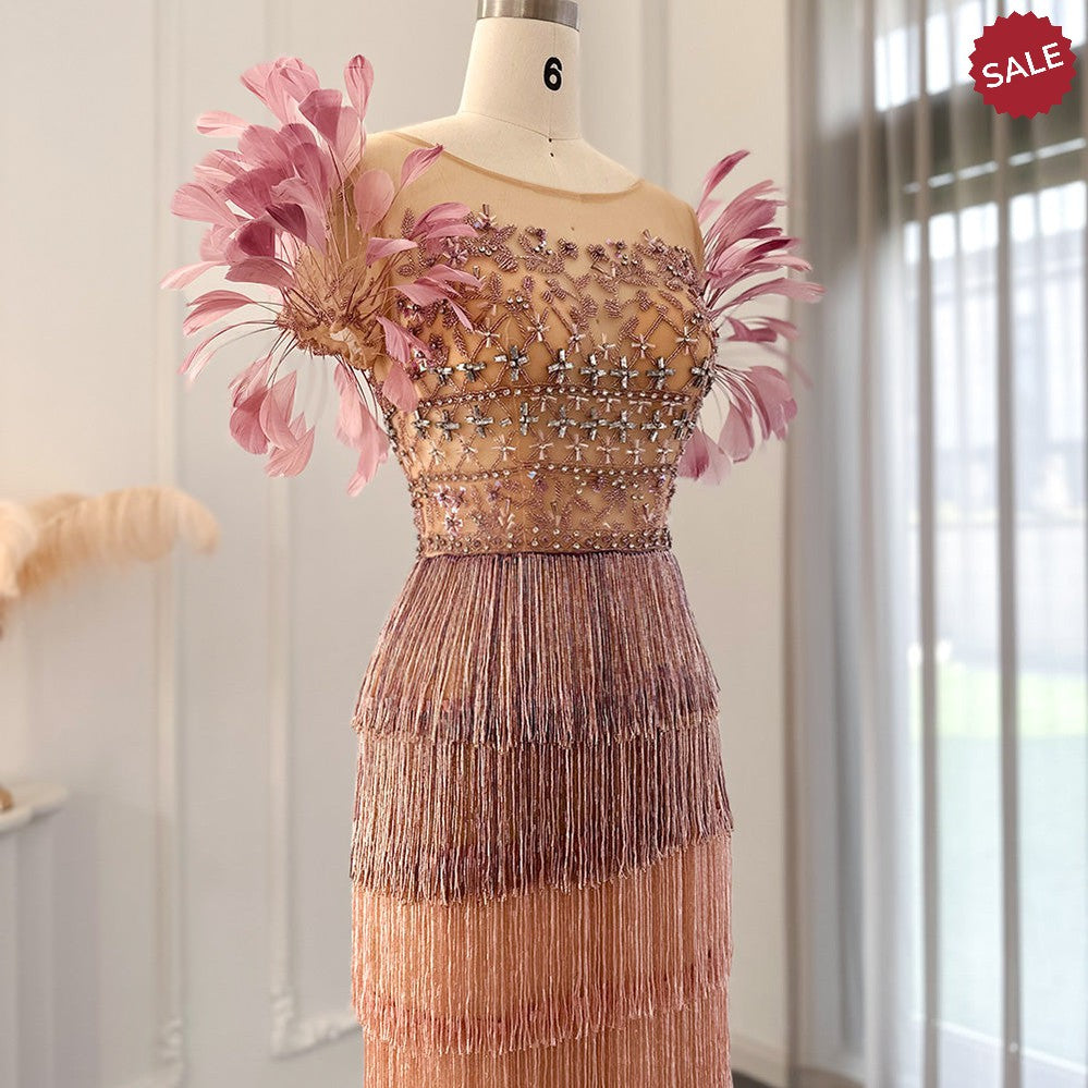 Luxury Feathers Tassel Lilac Dubai Evening Dresses for Women Wedding Party Arab Ankle Length Midi Formal Gowns SS379