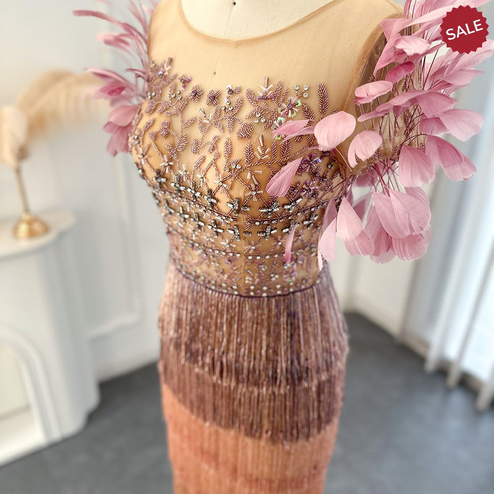 Luxury Feathers Tassel Lilac Dubai Evening Dresses for Women Wedding Party Arab Ankle Length Midi Formal Gowns SS379