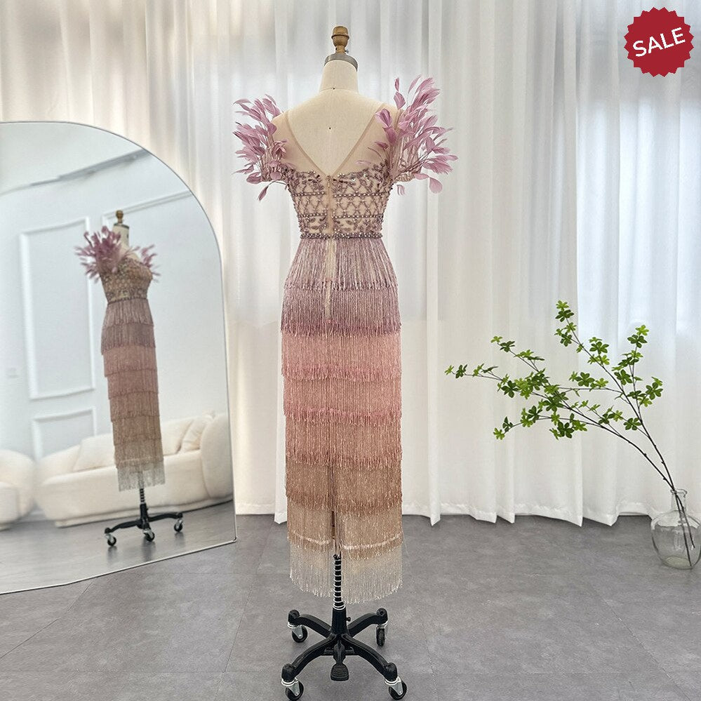 Luxury Feathers Tassel Lilac Dubai Evening Dresses for Women Wedding Party Arab Ankle Length Midi Formal Gowns SS379